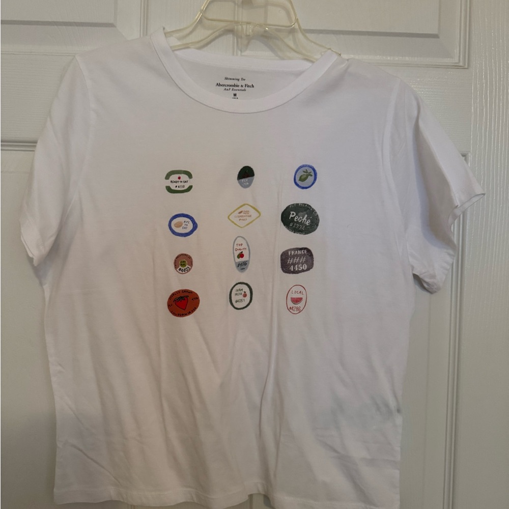 Abercrombie White Tee with Fruit Label sticker Graphics